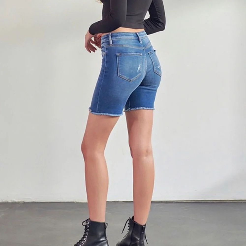 KanCan High Rise Button Fly Frayed Hem Denim Jean Long Shorts Women’s Sizes NWT
